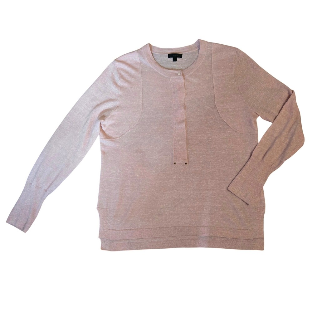 J. Crew Women's L Classic Chic Linen Blend Henley Sweater Blush Pink Long Sleeve